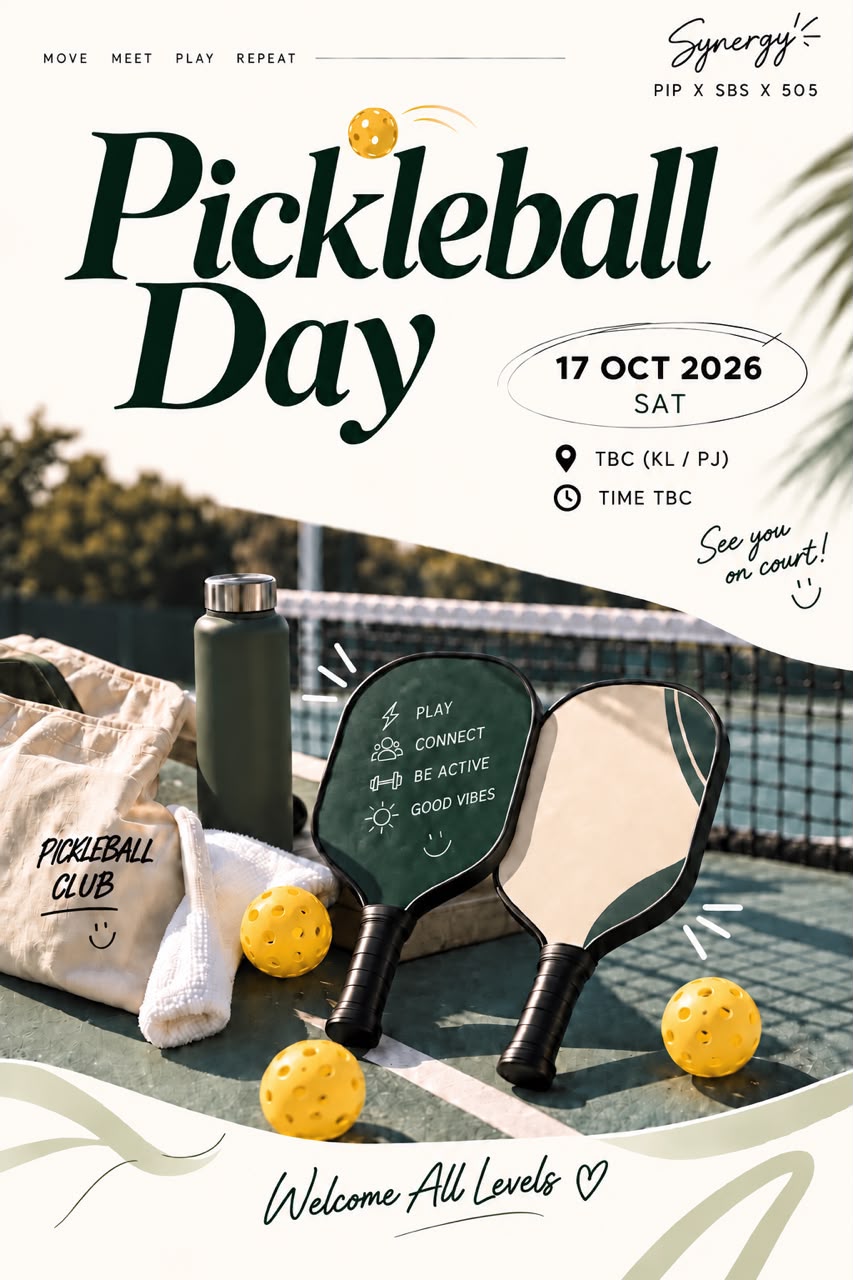 Pickleball Day poster: two paddles and yellow balls on a court, Saturday 17 October 2026, venue in KL or PJ and time to be confirmed, all levels welcome